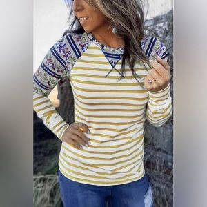 Striped Raglan Tee With Floral Sleeves Golden Yellow & White Medium